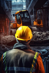 rear view of the construction worker engineer head which is wearing the orange safety helmet working in the construction, Ai generative