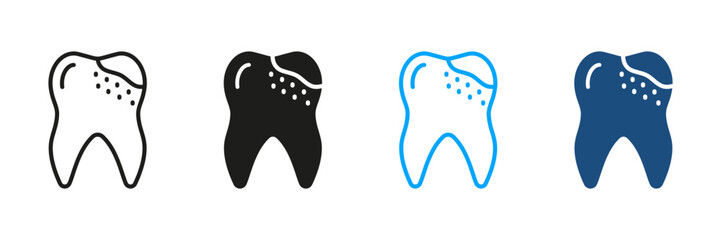 Dental Caries Silhouette and Line Icons Set. Toothache, Decay Teeth Problem Black and Color Sign. Oral Hygiene, Tooth Pain Pictogram. Dental Treatment Symbol Collection. Isolated Vector Illustration