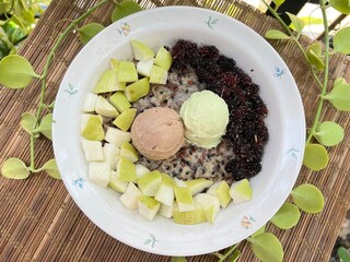 Oat mixed brown rice with coffee and melon Greek yogurt with orange and passion fruits