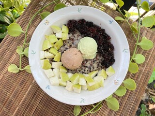 Oat mixed brown rice with coffee and melon Greek yogurt with  guava and mulberry