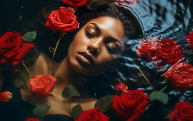 Beautiful interracial woman floating in a sea of red roses. Fashion and commercial style photo. Generative AI.