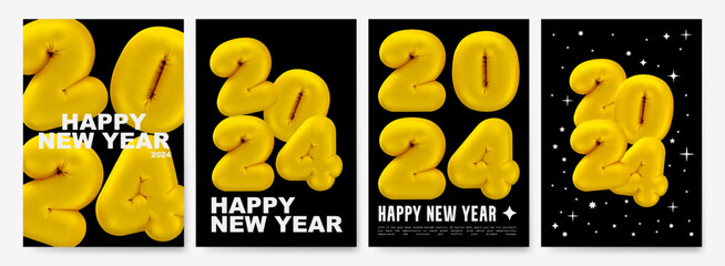 New Year's poster with golden 3D balloons with numbers 2024. Festive greetings for the new year. Vector set on black background