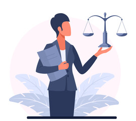 A business woman in a suit lawyer, attorney, judge, notary holds scales. The concept court and justice, legal services of a lawyer, notary. Vector illustration.