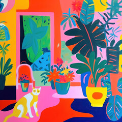 Background ai, sunny summer Hawaiian holiday, tropical interior decor, exotic plants, cat, abstract art. Cartoon colored gouache illustration created artificial intelligence, bright neon Matisse style