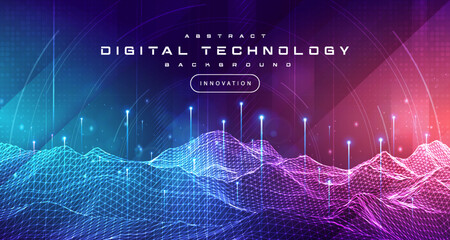 Digital technology metaverse neon blue purple background, cyber information abstract speed connect communication, innovation future meta tech, internet network connection, Ai big data, illustration 3d - obrazy, fototapety, plakaty