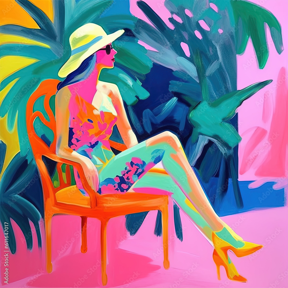 Wall mural Background ai, sunny summer hawaiian holiday, exotic, glamorous woman relax, portrait, abstract art. Tropical colourful gouache illustration generated by artificial intelligence, bright matisse style.