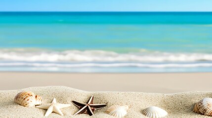 Fototapeta na wymiar Summer beach with strafish and shells in the white sand, Generative AI