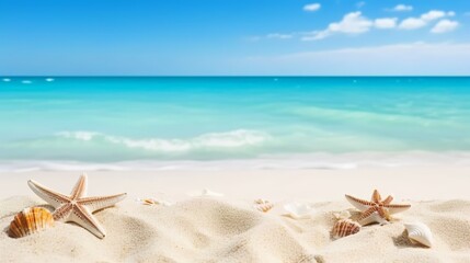 Fototapeta na wymiar Summer beach with strafish and shells in the white sand, Generative AI