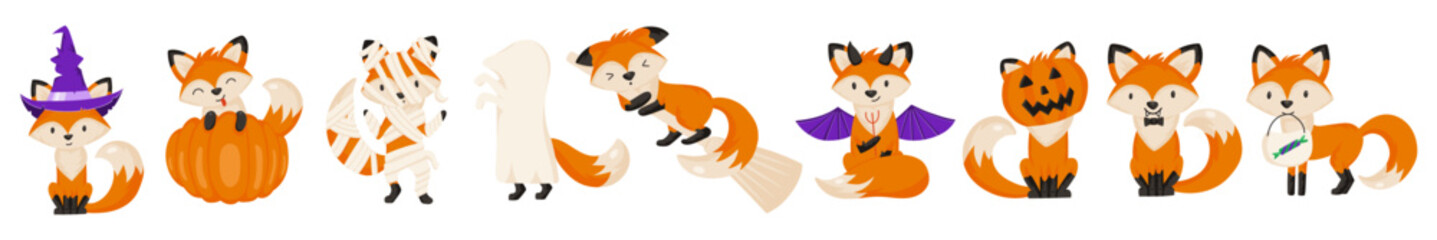 Set of funny foxes in Halloween costumes. Witch, Jack-o-lantern, ghost, mummy, devil, vampire. Trick or treating characters.