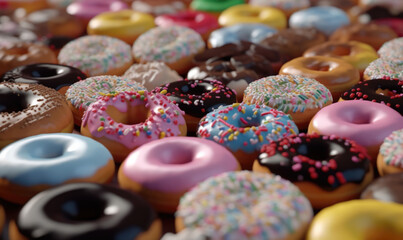 Fototapeta na wymiar Top view of assorted donuts on blue concrete background with copy space. Colorful donuts background. Various glazed doughnuts with sprinkles
