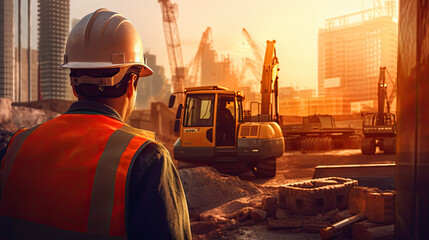 rear view of the construction worker engineer head which is wearing the orange safety helmet working in the construction, Ai generative