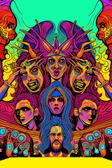 A psychedelic rock concert poster featuring a crowd of people.  (AI-generated fictional illustration)

