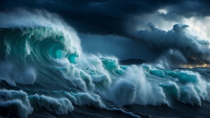 Apocalyptic dramatic background, giant tsunami waves, dark stormy sky, Tornado. Huge waves Tsunami Big wave, generative ai, ai - obrazy, fototapety, plakaty
