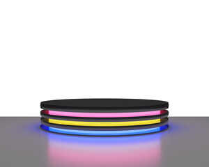 3d Illustration Blank Podium mockup with pink yellow blue neon light