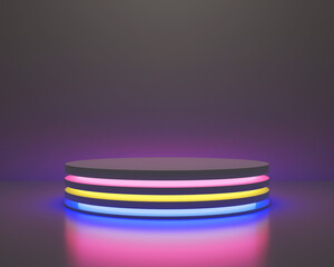 3d Illustration Blank Podium mockup with pink yellow blue neon light
