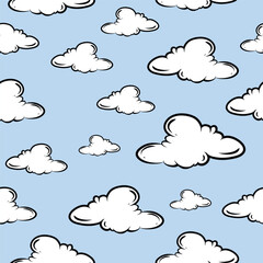 Vector Hand Drawn Style Clouds Seamless Pattern on Blue Background. Clouds collection flat style. Printable Repeatable Cartoon Clouds Texture Outline Style Clouds illustrations. Vintage Texture