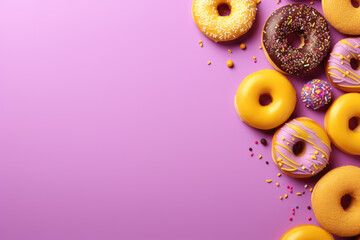 Top view of assorted donuts on blue concrete background with copy space. Colorful donuts background. Various glazed doughnuts with sprinkles