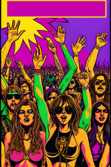 A psychedelic rock concert poster featuring a crowd of people.  (AI-generated fictional illustration)
