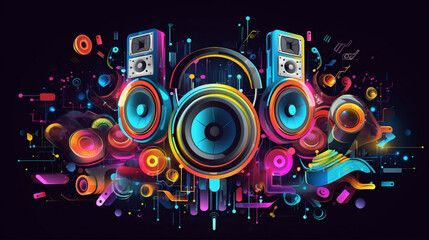 Obraz premium Sound Multimedia Soundsystem HiFi Membran Membrans abstrakt bunt im 16:9 Format. Generative Ai. 