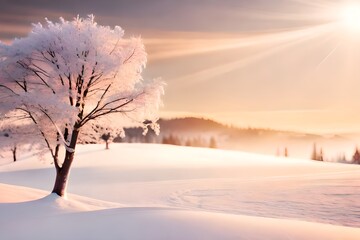 Landscape of winter snowy field white snowy tree with clear cloudy sky and bright evening sunset. Generative AI technology.