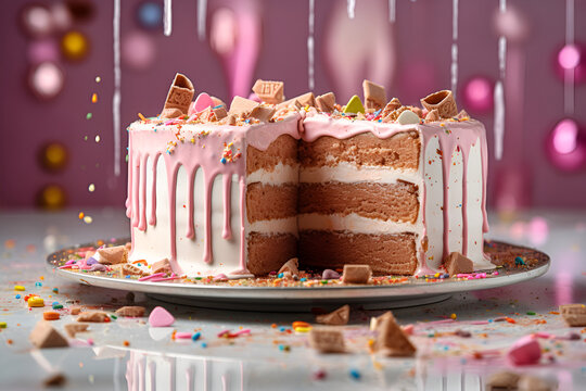Pink cake  on a plate created with Generative AI technology