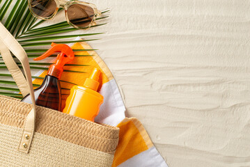 Healthy suntan concept. High angle view photo of wicker bag with sunscreen sprays,sunglasses and...