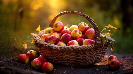 A basket filled with freshly picked apples, highlighting the harvest season on an orchard. Generative ai.