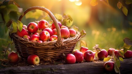A basket filled with freshly picked apples, highlighting the harvest season on an orchard. Generative ai.