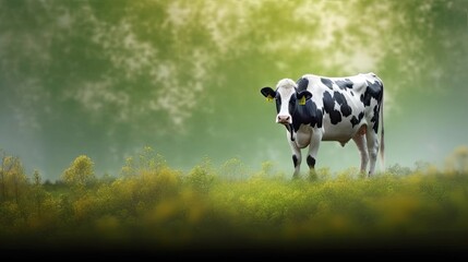 A black - and - white cow grazing peacefully in a green pasture, symbolizing the tranquility of rural life. Generative ai.