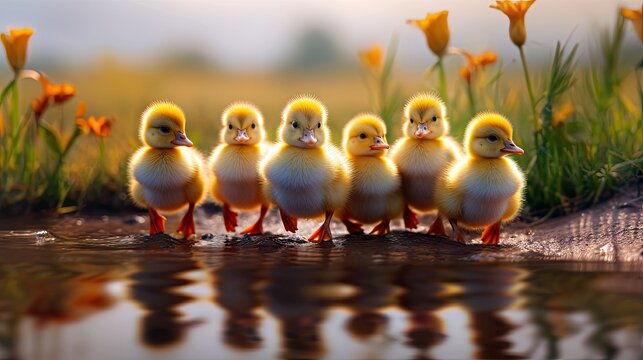 A group of adorable ducklings waddling in a row, depicting the charm of farmyard animals. Generative ai.