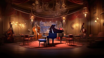 Dimly lit jazz club, its stage patiently waiting for talented musicians. Generative ai.