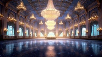 Elegant ballroom adorned with sparkling chandeliers. Generative ai.
