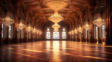 Obraz premium Elegant ballroom adorned with sparkling chandeliers. Generative ai.