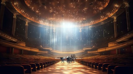 Empty concert hall awaiting the arrival of a symphony orchestra. Generative ai.