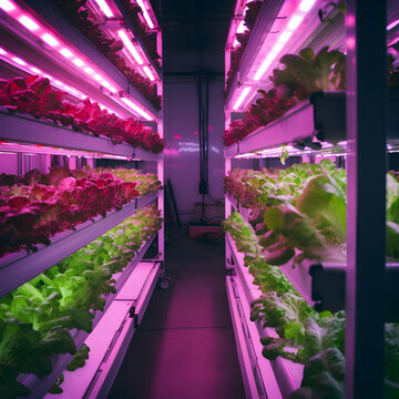 Organic hydroponic vegetable grow with LED Light Indoor farm. Plants on vertical farms grow with led lights. Vertical farming, agriculture future. Blur. Generative AI