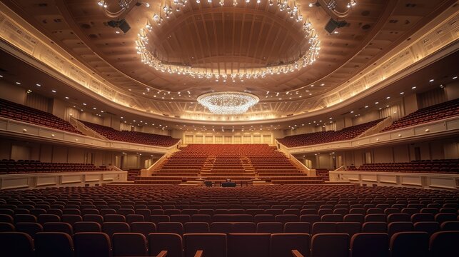 Empty concert hall awaiting the arrival of a symphony orchestra. Generative ai.