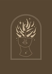 Aesthetic illustration of a woman head with growing plants. Minimalist feminine concept