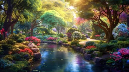 Obraz na płótnie Canvas Peaceful botanical garden blooming with vibrant flowers. Generative ai.