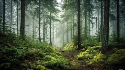 Serene forest clearing enveloped in mist. Generative ai.