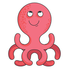 Smiling pink octopus, cartoon octopus with short tentacles, flat style