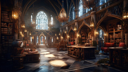 Fototapeta na wymiar Fantasy library in cozy cathedral environment