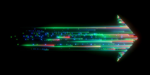 3d render, abstract neon arrow with fading tail. Technology concept. Glowing green red lines and bokeh lights - obrazy, fototapety, plakaty
