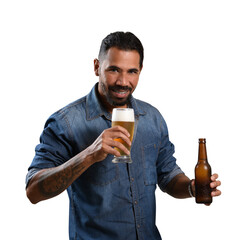 Man holding a glass with beer and an unlabeled beer bottle, smiling, looking at the camera