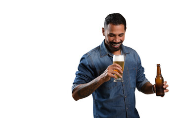 Man holding a glass with beer and an unlabeled beer bottle looking into the glass,