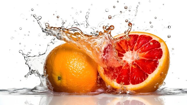 Slice of yellow grapefruit red in the inside falling in the water surface explosion and splash. © Riocool