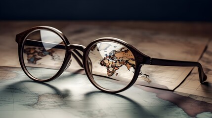 Fototapeta na wymiar Classic brown color transparent lens man or woman fashionable attractive reading glasses and a maps of africa.