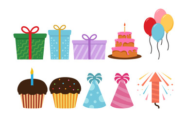 Set of birthday element and birthday cakes illustration