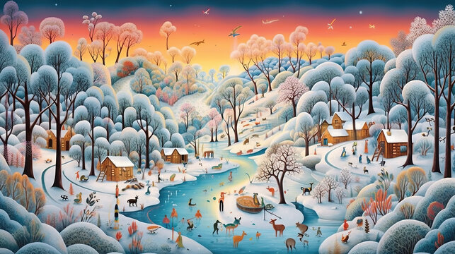 A painting of a winter scene with people and animals. Generative AI.