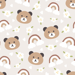 Teddy bear brown face in the pastel beige sky with white flowers, rainbow and clouds. Baby girl and boy cute seamless pattern, kids animals motifs for wrapping paper, fabric and textile print