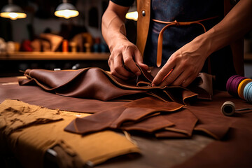 Tailor cobbler hold different rolls natural brown leather, working with textile in workshop